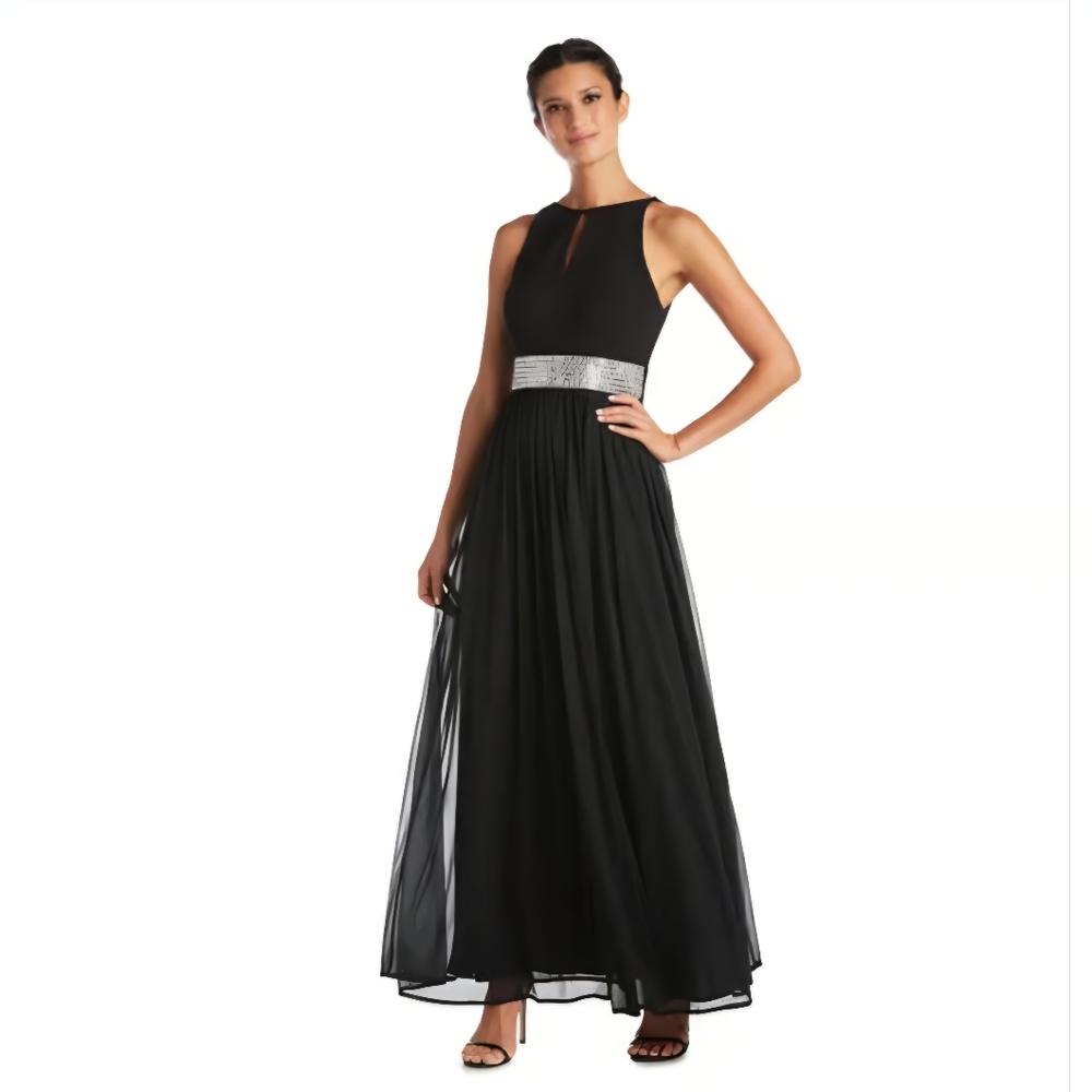 R&M Richards Black Sleeveless Rhinestone Waistband Maxi Dress Women's 4 Petite